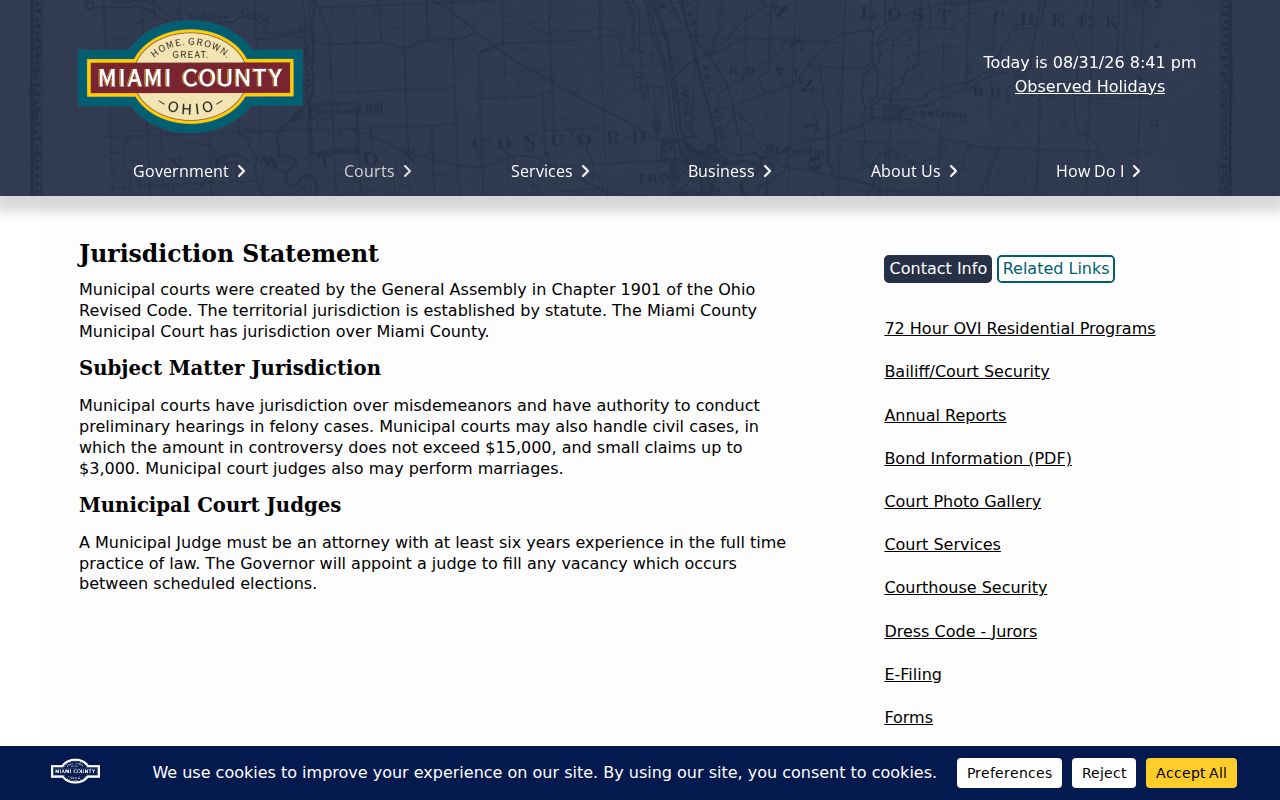 Miami County civil docket Municipal Court jurisdiction statement