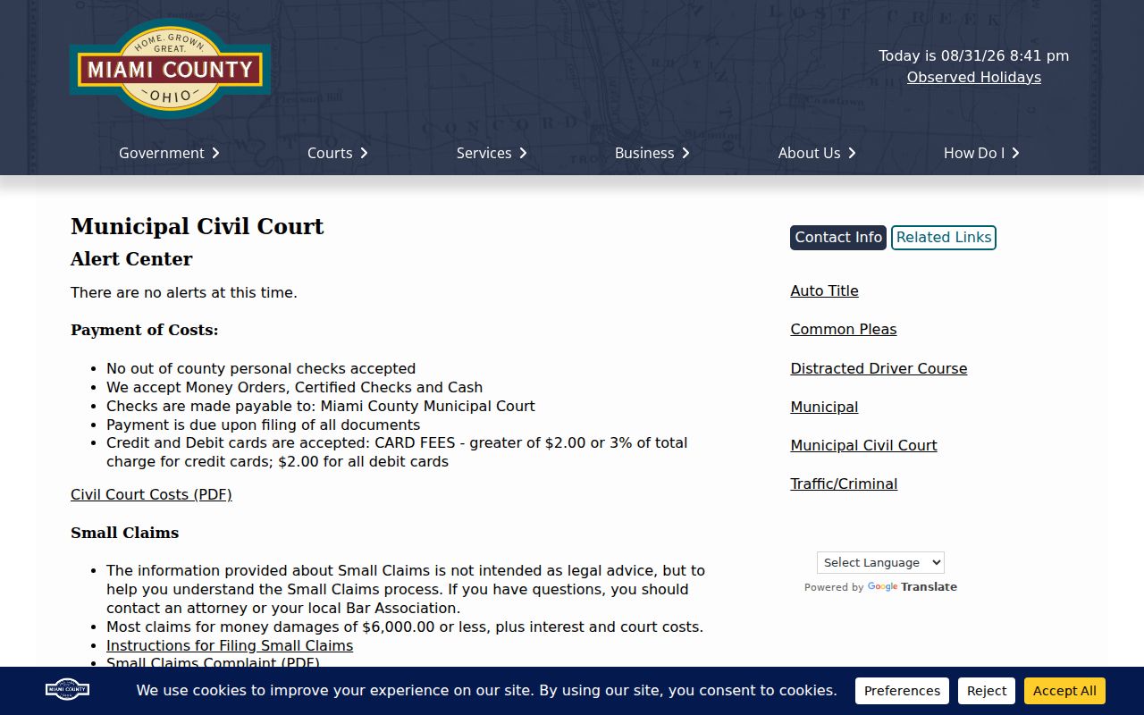 Miami County civil docket Municipal Civil Court filing and payment information