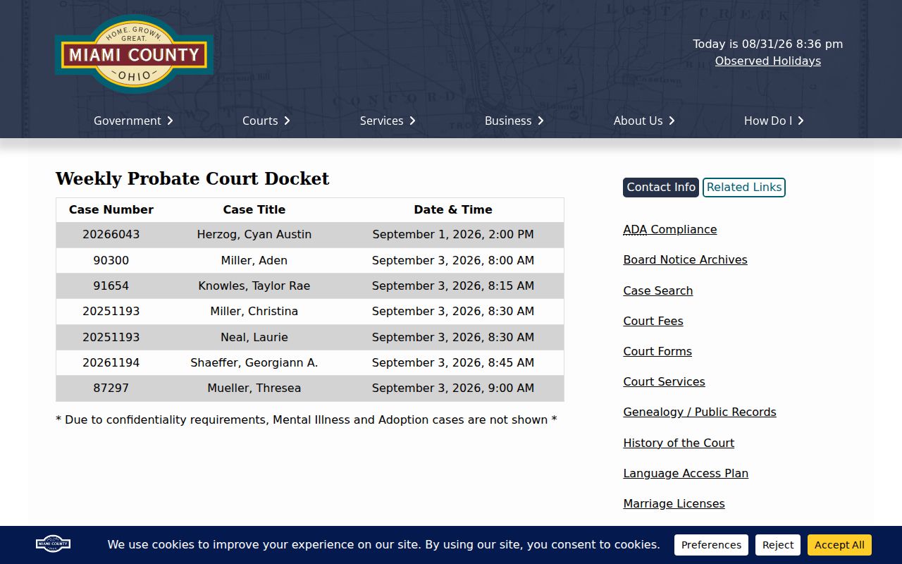 Miami County court calendar Probate weekly docket layout