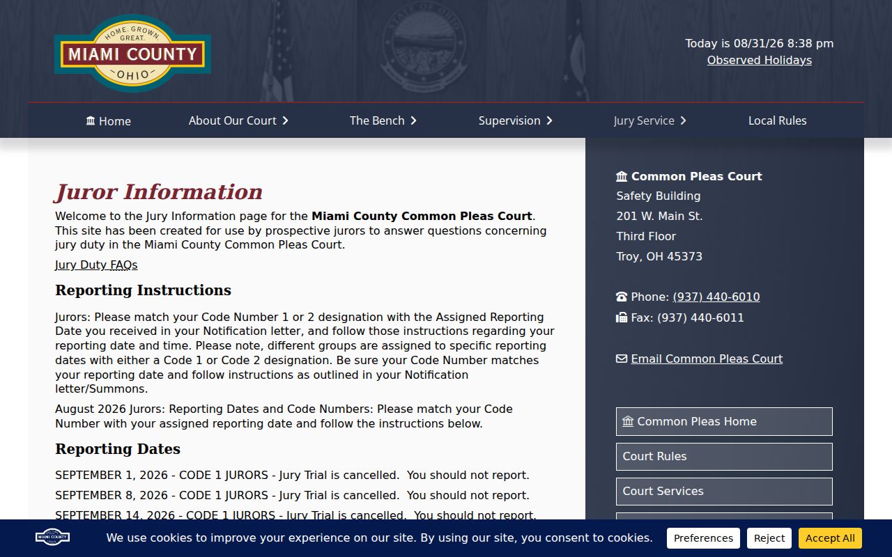 Miami County court calendar Safety Building arrival information