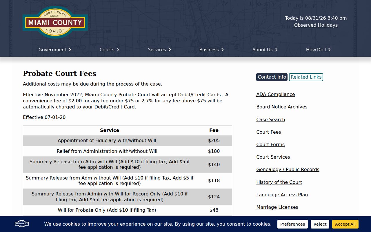 Miami County court records Probate certified and authenticated copy fees