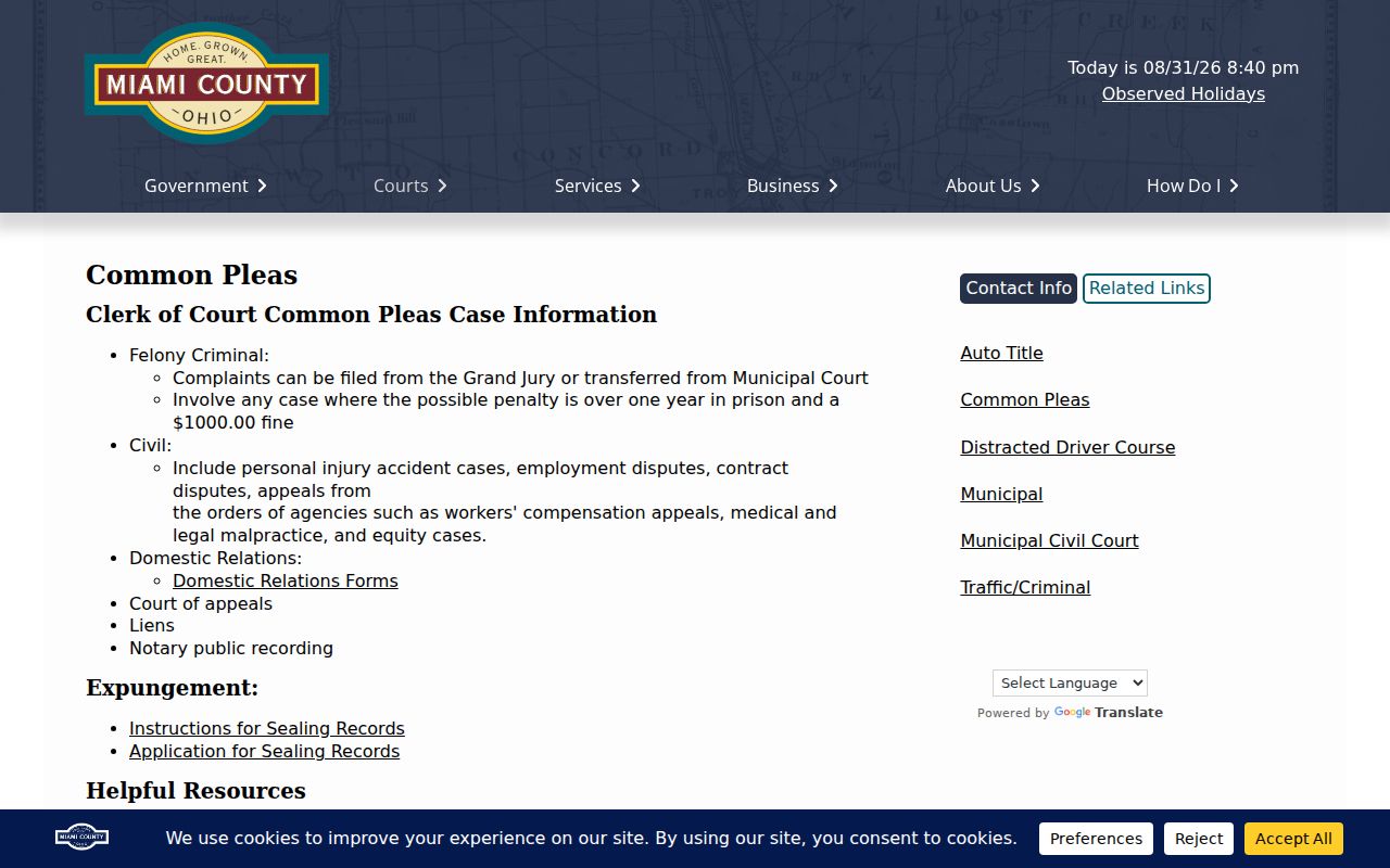 Miami County criminal docket Common Pleas Clerk records page