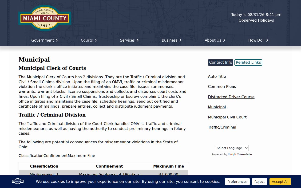 Miami County criminal docket Municipal Clerk divisions and records channel