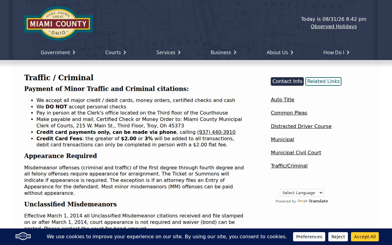 Miami County criminal docket Municipal traffic and criminal clerk resource