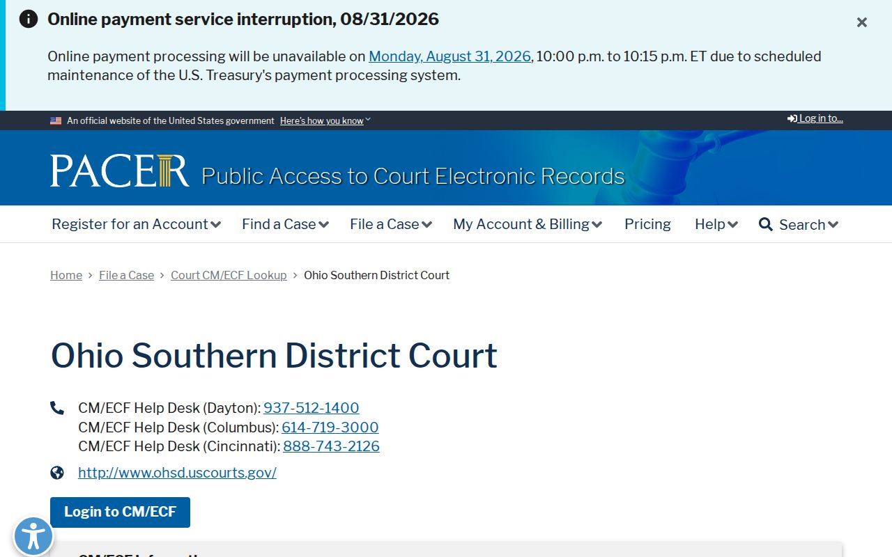 Huber Heights court docket Southern District of Ohio CM ECF court lookup