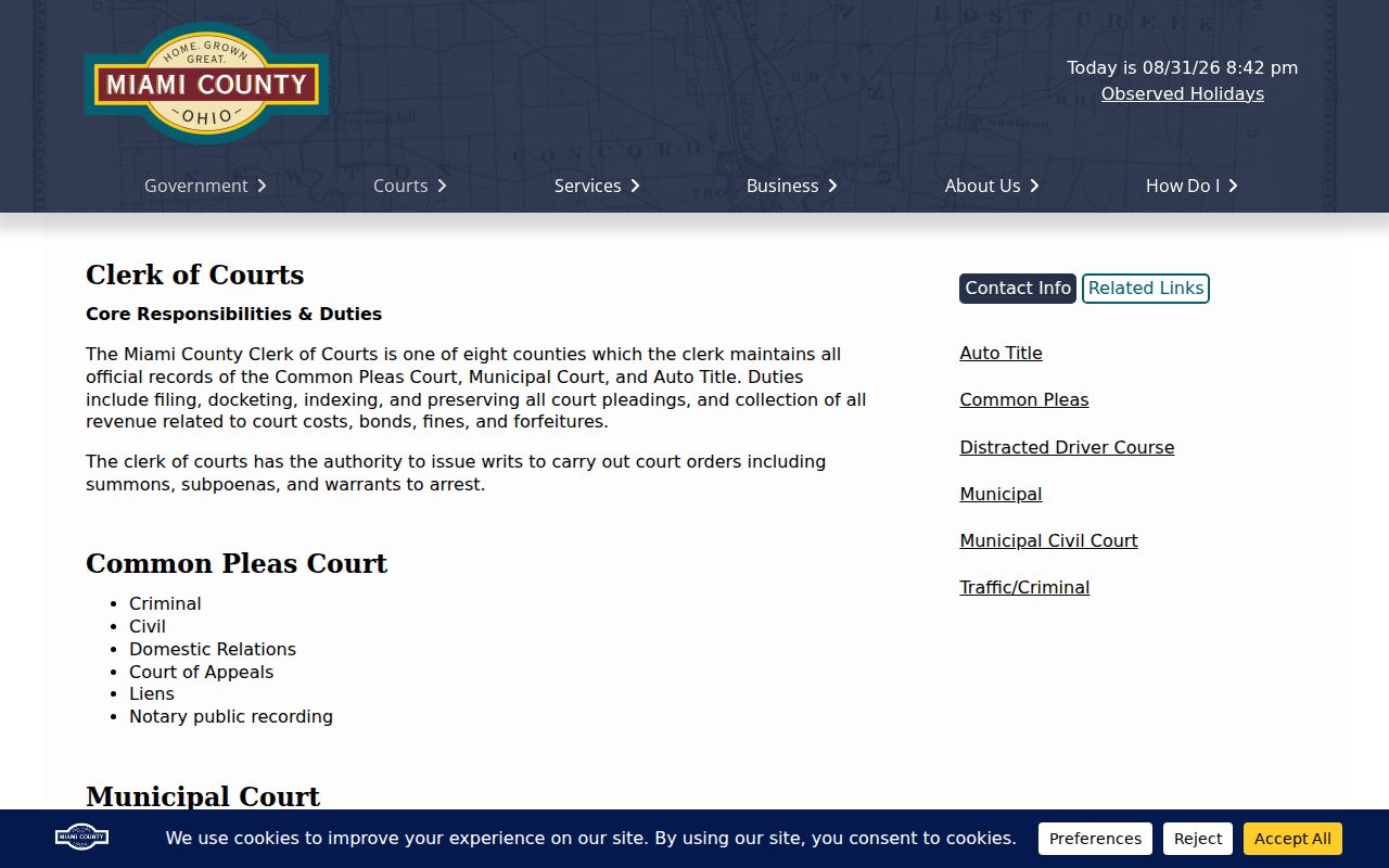 Miami County court docket Clerk of Courts records office