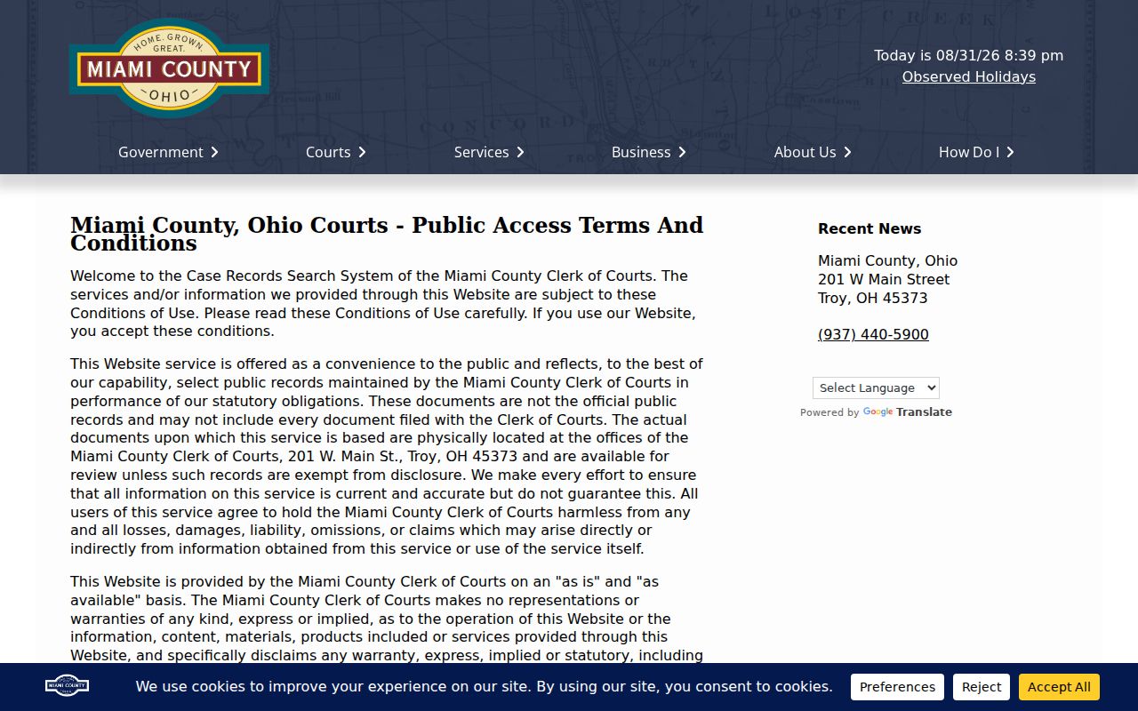 Miami County court docket public-access terms and disclaimer