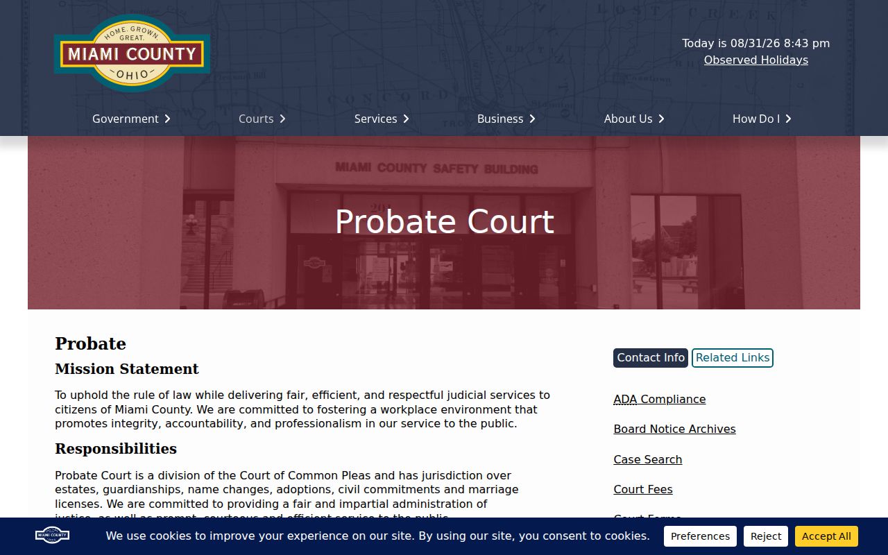 Miami County court docket Probate Division calendar route