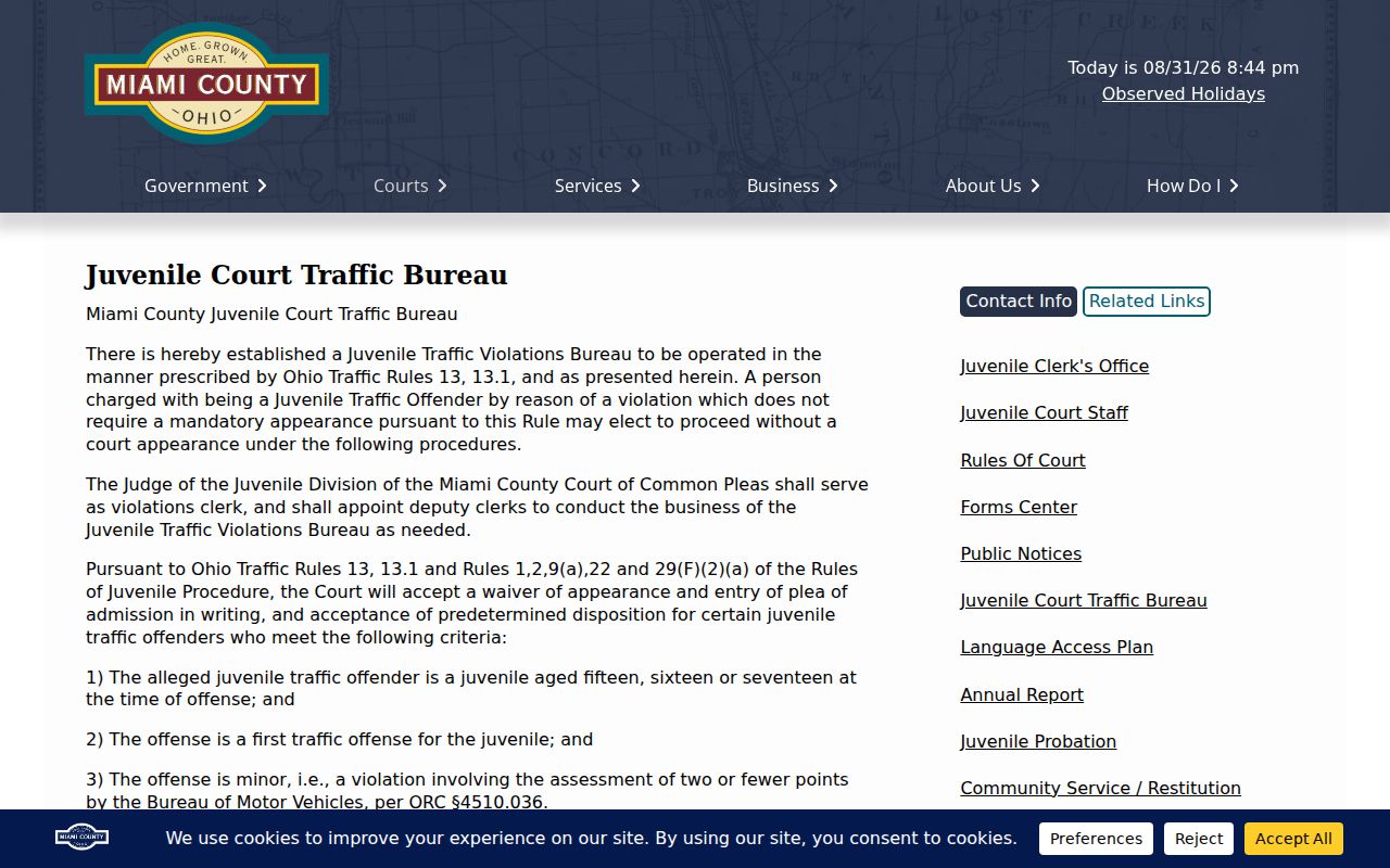 Miami County juvenile traffic court records bureau eligibility